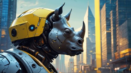 Sticker - Cyborg Rhino in a futuristic cityscape.