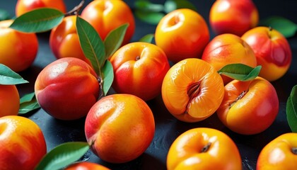 Wall Mural - Fresh Nectarines with Green Leaves.