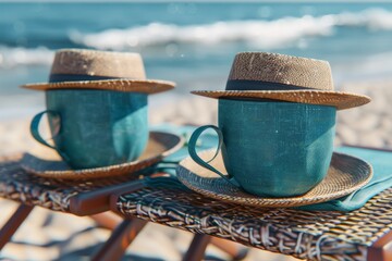 Wall Mural - Coffee cups with hats on a tropical beach in a serene sunny photograph