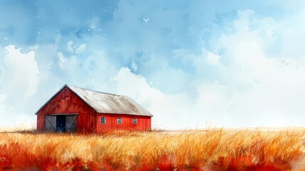 Wall Mural - Watercolor painting of a rustic barn in a wheat field, copy space banner, vintage background 