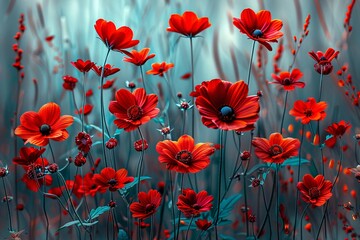 Wall Mural - Red cosmos flowers in garden.