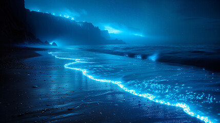 Wall Mural - Magical Shores: Bioluminescence Illuminates with Glowing Blue Waves Crashing on Beach