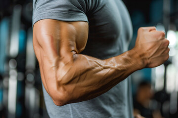 Wall Mural - man with a muscular arm flexes his arm in a gym. Concept of strength and determination, as the man's muscles are clearly visible and he is in the middle of a workout