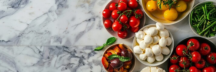 Poster - A collection of small white bowls arranged in a circular pattern on a marble countertop, each containing a different colorful ingredient for an Italian antipasto