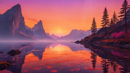Wall Mural - Mountain Lake Sunset.