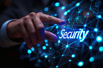 Wall Mural - A business hand points towards a holographic display showcasing cyber security symbols with security text symbolizing digital cyber protection concept.