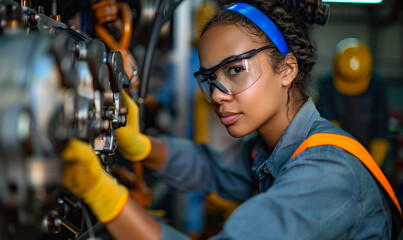 Poster - Female Mechanic Performing Maintenance on Industrial Compressor Engine in Workshop, Evening Shift, Determined Expression, Professional Repair Work
