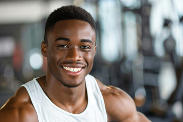 Sticker - young man with a shaved  beard is posing for a picture in a gym. He is wearing a white tank top and he is sweating