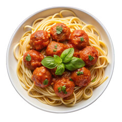 Top view of pasta with meatball on white plate isolated on transparent background