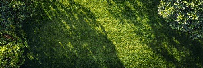 Wall Mural - A bird's-eye view of a perfectly manicured lawn with a rich green hue. The shadows of trees create a dappled effect on the grass