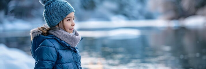 Wall Mural - A young girl wearing a blue winter coat, hat, and scarf stands near the edge of a frozen lake, looking out towards the distance