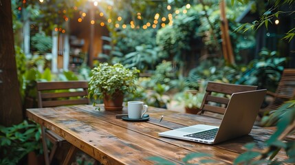 Poster - Serene Outdoor Workspace with Laptop Promoting Flexible Remote Work