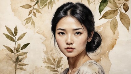 Wall Mural - Portrait of a Young Woman with Watercolor Leaves.