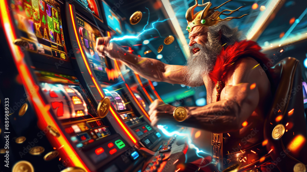 Greek God Zeus Enjoying Casino Slots with Lightning and Coin Explosion