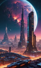 futuristic cityscape with red planet in the sky.