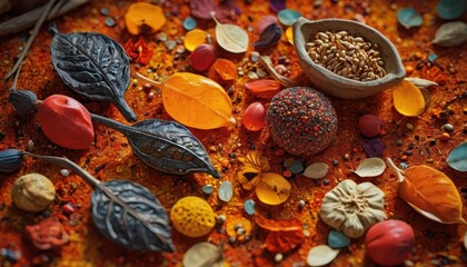 Sticker - Autumnal Still Life with Dried Flowers and Seeds.