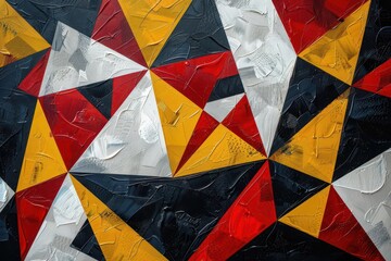 Poster - Using red, white, black, and yellow acrylic paints, a geometric pattern is created as an abstract backdrop in this painting.