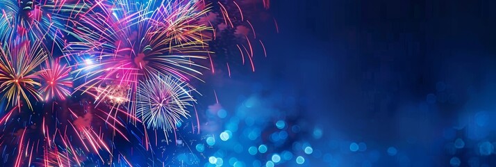 Poster - a colorful fireworks display explodes against a dark blue night sky, creating a dazzling spectacle o