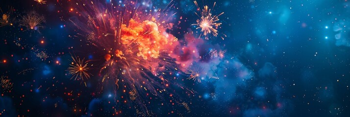 Poster - a wide shot of a colorful fireworks display against a dark blue night sky. the explosions are numero