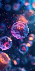 Poster - Closeup of abstract background with round shaped cells of vaccine of varied dimensions illuminated by vibrant light.