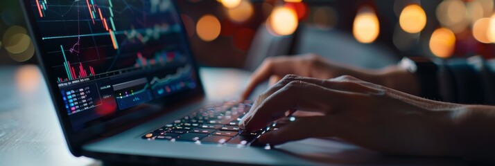 Aufkleber - A person's hands are shown typing on a laptop keyboard with a screen displaying complex data analysis