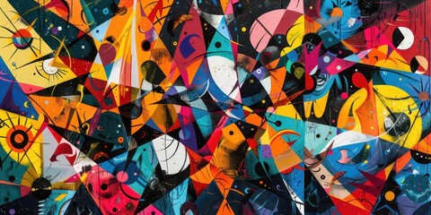 Poster - The abstract painting features a variety of bright, chaotic multicolored shapes and figures, all separated by bold black lines.