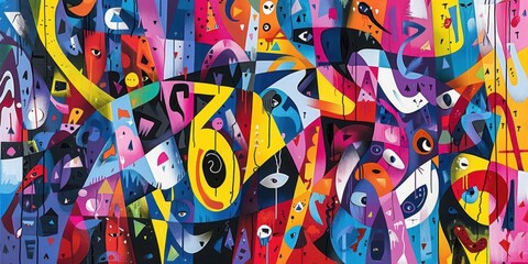 Poster - Abstract painting consisting of chaotic multicolored bright various shapes and figures separated by black lines.