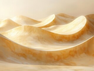 The abstract landscape features magnificent sandy dunes of desert land illuminated by soft warm sunlight under a clear sky.