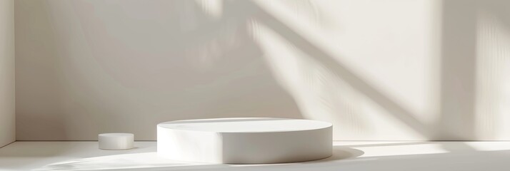 Poster - A minimalist white podium set against a geometric background with soft natural lighting, perfect for showcasing cosmetic products