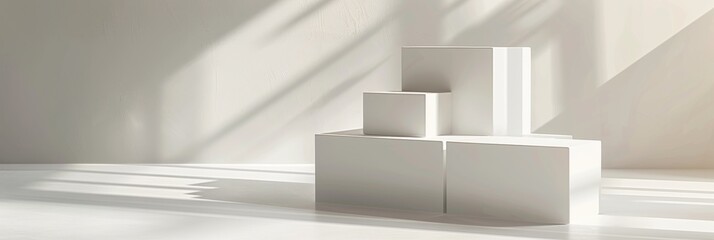 Poster - A minimalist white podium set against a geometric background with natural light shining through a window