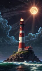 Poster - Lighthouse on a Rocky Coast Under a Full Moon.