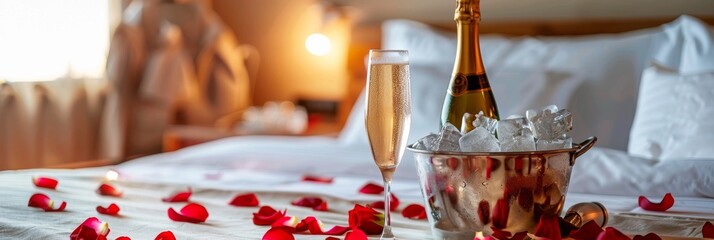 a champagne bottle in an ice bucket and a glass of champagne sit on a bed covered in rose petals in 