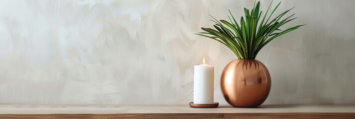 Poster - A copper vase with an artificial plant and a white candle on a minimalist table against a grey wall