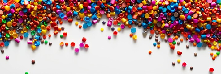 Poster - Colorful plastic masterbatch pellets are scattered on a white background, creating a vibrant and playful visual