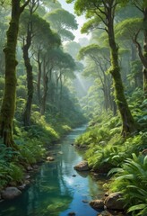 Poster - Tranquil Stream in a Lush Green Forest.