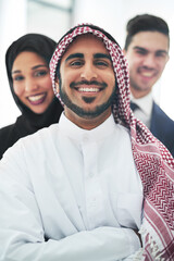 Poster - Teamwork, Muslim and business people in company with portrait or leader, Islamic or employees with smile. Group, together or Arab with arms crossed or confident for management or collaboration