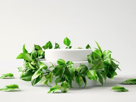 3. A realistic 3D rendering of a product display podium, elegantly designed with natural leaves encircling its base, all set against a pure white background, perfect for a fresh and organic