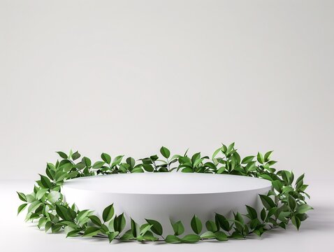3. A realistic 3D rendering of a product display podium, elegantly designed with natural leaves encircling its base, all set against a pure white background, perfect for a fresh and organic