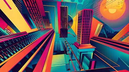 Poster - Geometric shapes and vibrant colors create a dynamic cityscape with a retro feel