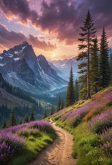 Sticker - Majestic Mountain Landscape with Sunset and Winding Trail