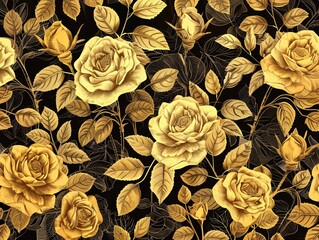 2. An opulent vector illustration of golden roses in line art style, showcasing detailed petals and leaves in gold, creating a refined and luxurious background ideal for wallpaper, posters, and