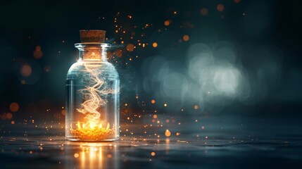 Poster - A photo-realistic illustration of an ancient potion bottle with glowing liquid inside