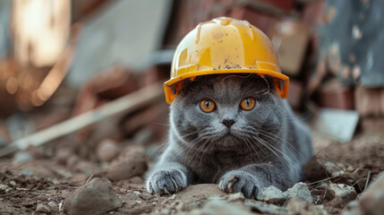 fat British shorthair cat wearing a yellow safety helmet works under the hot sun