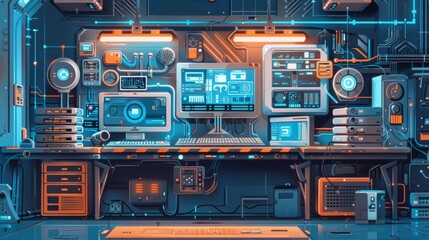 Optimized equipment programs, flat design, front view, technology theme, cartoon drawing, colored pastel