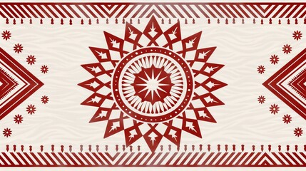 Ethnic pattern featuring geometric suns and stars in green and brown