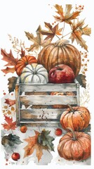 Poster - A watercolor illustration depicts a wooden crate filled with a variety of pumpkins, an apple, and fall foliage. The pumpkins are different sizes and shapes, and the leaves are in shades of orange, red