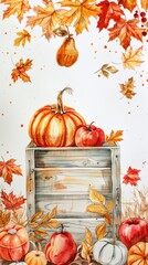 Aufkleber - A watercolor painting depicts a wooden crate filled with an assortment of autumn produce including pumpkins, apples, pears, and gourds. The crate sits on a white background, surrounded by falling leav