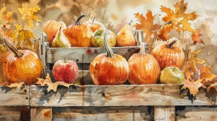 Aufkleber - A watercolor painting depicts a wooden crate overflowing with pumpkins, pears, and apples, surrounded by autumn leaves. The vibrant orange pumpkins, ripe pears, and red apples are arranged artfully wi