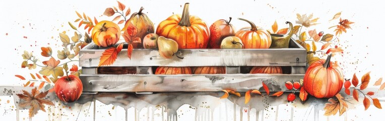 Aufkleber - A watercolor painting depicts a wooden crate filled with pumpkins, apples, and pears, surrounded by autumn leaves. The crate rests on a white background with watercolors dripping down from above.