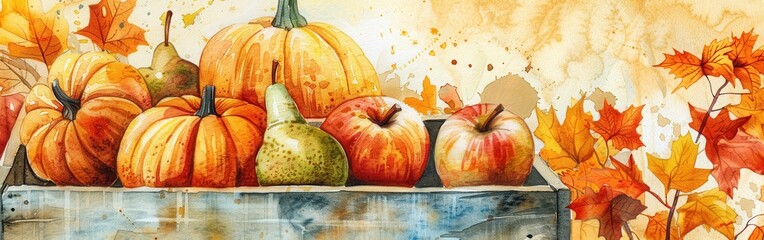 Aufkleber - A watercolor painting depicts a collection of autumn fruits in a wooden crate. The fruits include pumpkins, pears, and apples, all painted with realistic detail and vibrant colors. Autumn leaves frame